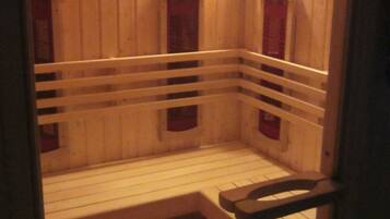 Un sauna avec des bancs en bois et une banquette.