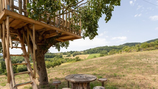 Une cabane en bois perchée dans un arbre, accessible par une échelle, avec une table ronde en bois et quatre tabourets.