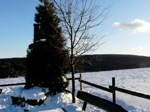 A snow-covered landscape with a wooden fence and a tree. - Winterberg Gruppenhaus mit Sauna - Ideal fur Familien & Freunde (Winterberg)