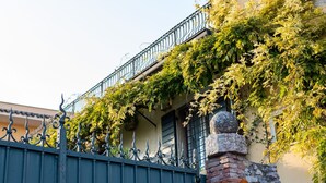 A building with a metal gate, a balcony with climbing plants, and a stone pillar. - Elegant Holiday Home in Lazise with Swimming Pool near Lake (Lazise)