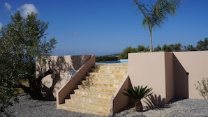 A staircase leading to a pool area, surrounded by a landscaped garden with a palm tree and a large tree.