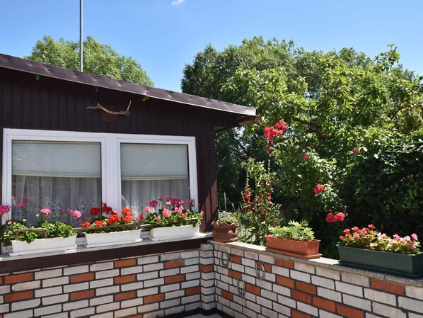 A corner of a building with a brick wall, a window with a white frame, and flower boxes with various flowers. - Restful Bungalow in Kühlungsborn near Beach (Kuehlungsborn)