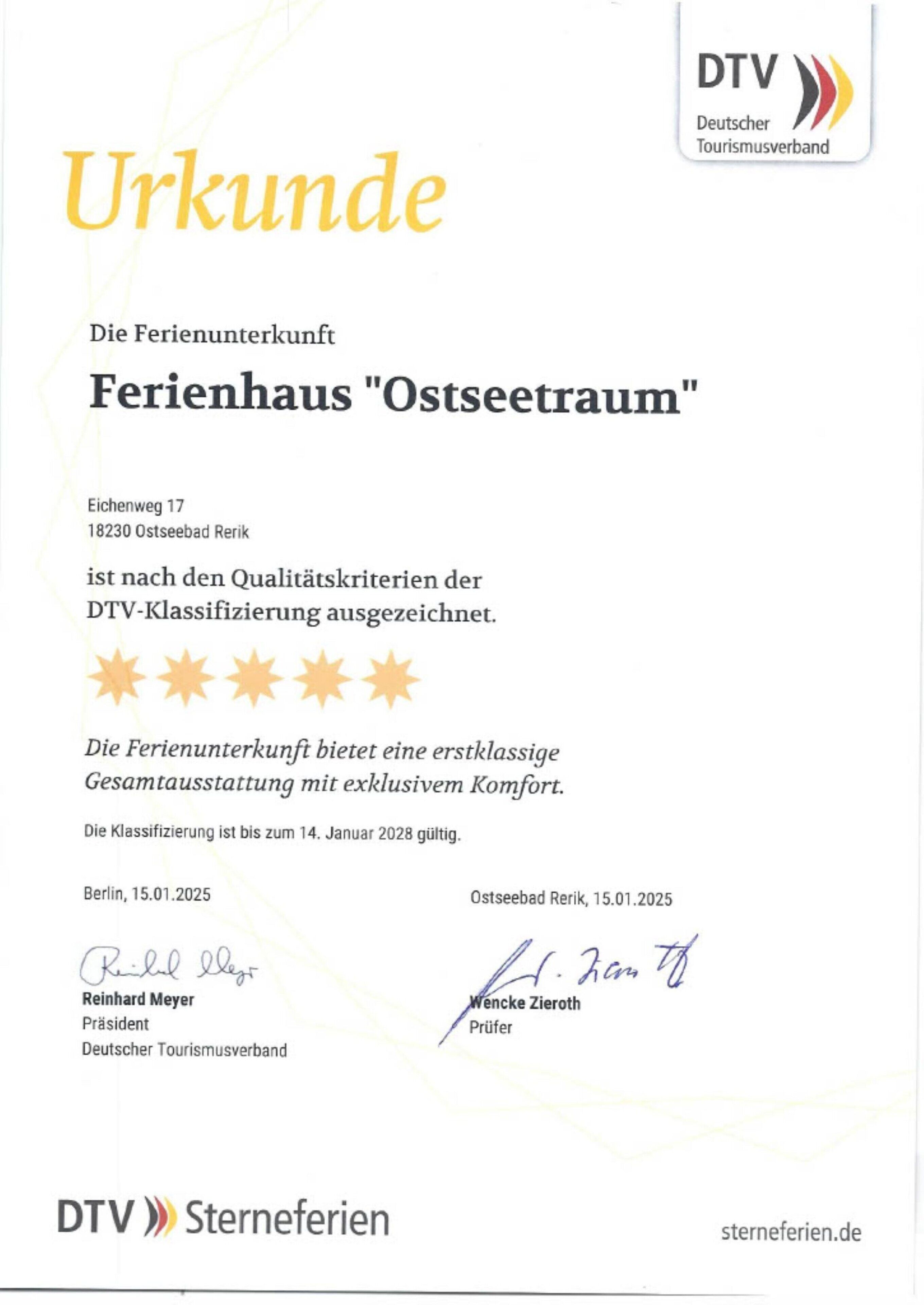 Certificat d’hôtel pour la maison de vacances « Ferienhaus Ostseetraum » à Ostseebad Rerik, établissement classé 4 étoiles.