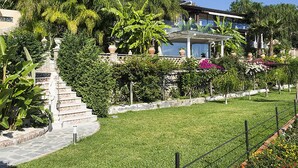 A residential property with a stone staircase leading to a house, surrounded by lush greenery and a well-maintained garden. - Exclusive Villa With Panoramic Swimming Pool and Hot Tub, Near the Sea (Letojanni)