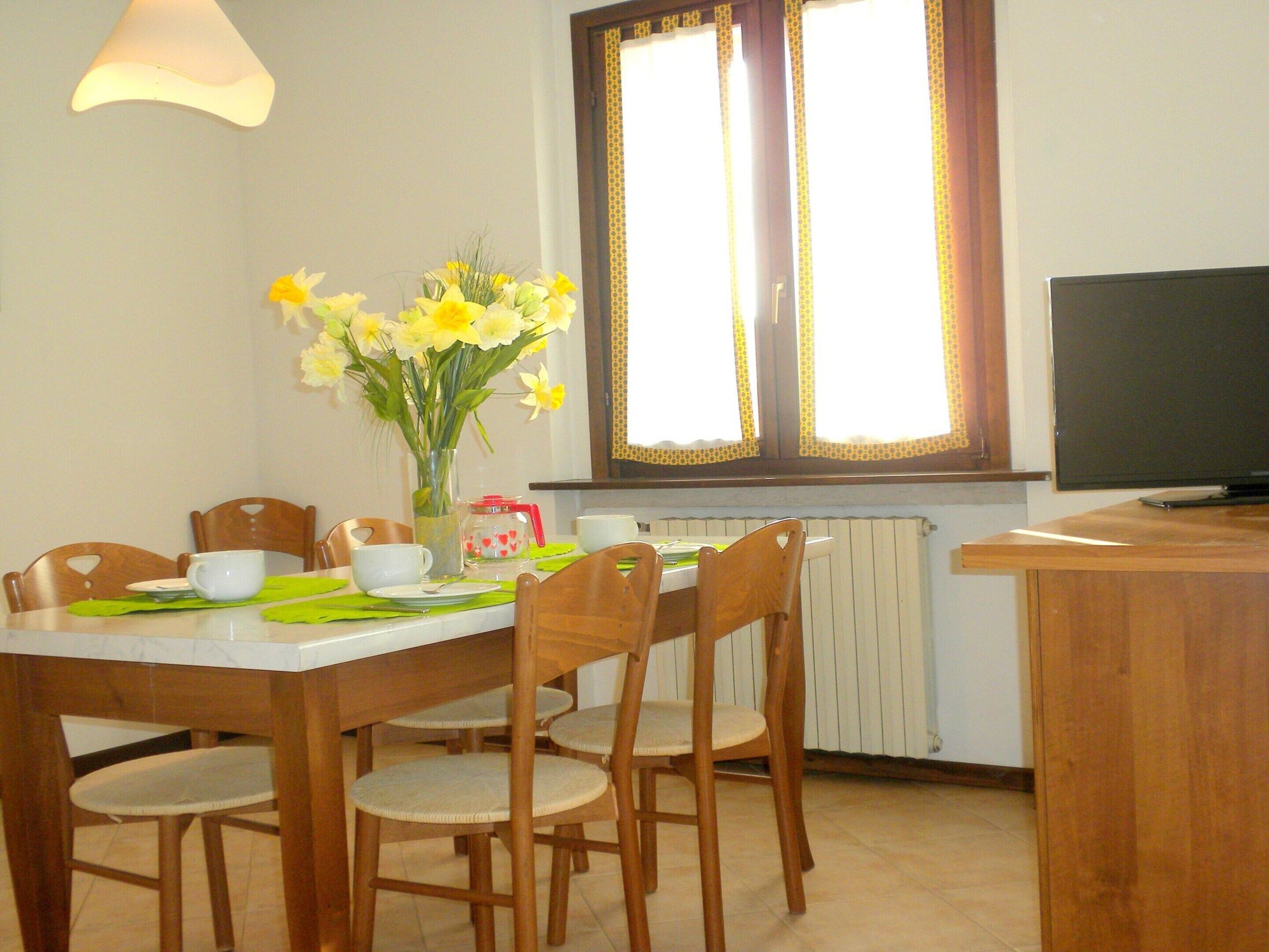 A dining area with a table set for four, chairs, a vase with flowers, a radiator, and a television on a stand.
