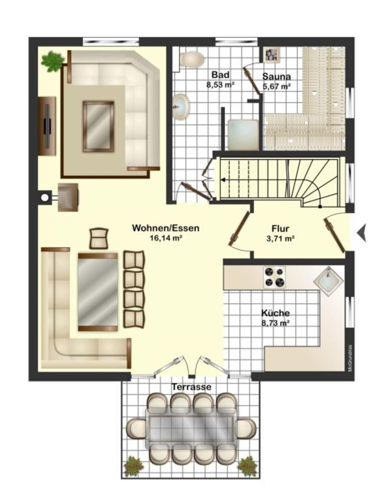Un plan d’étage d’un hôtel comprenant un salon, un coin repas, une cuisine, une salle de bain et une terrasse.