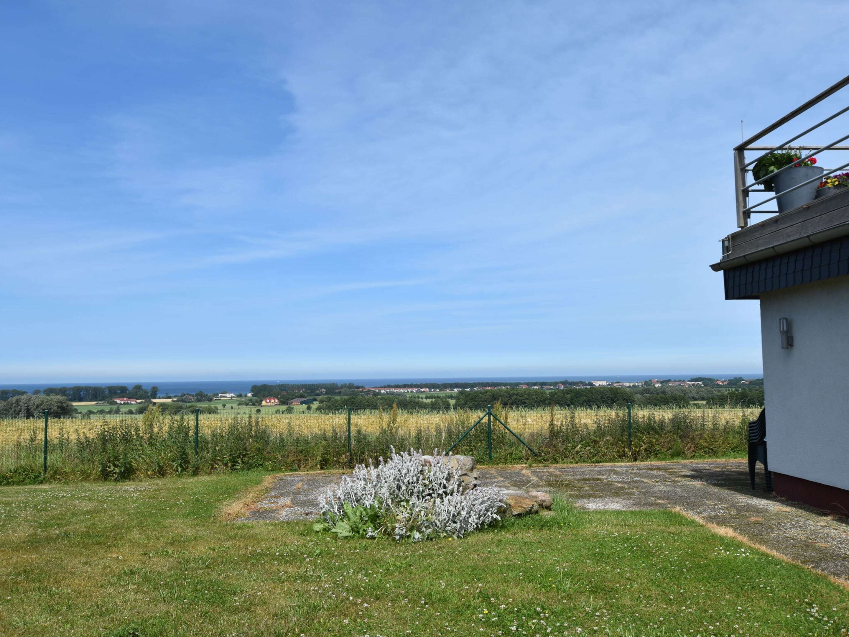 A rural landscape with a clear sky, a grassy area with a small bush, and a building with a metal structure on top.