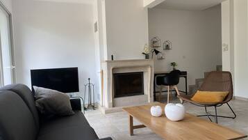 Télévision, cheminée, livres