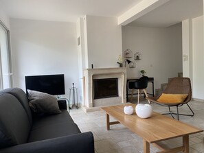 Televisión, chimenea, libros