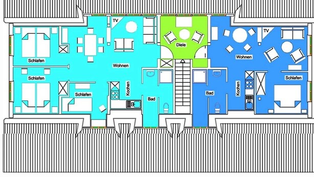 A floor plan with two living areas, two bedrooms, a kitchen, a bathroom, and a dining area.
