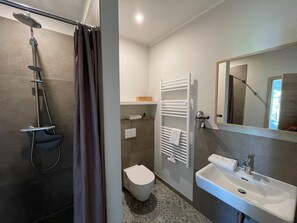 Et moderne badeværelse med bruser, toilet og vask.