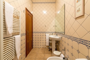 Une salle de bain avec un lavabo blanc, des toilettes et un espace douche.