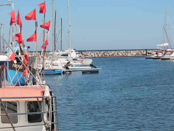 Un puerto deportivo con varias embarcaciones amarradas, incluyendo un barco azul llamado 'FREMAD'.