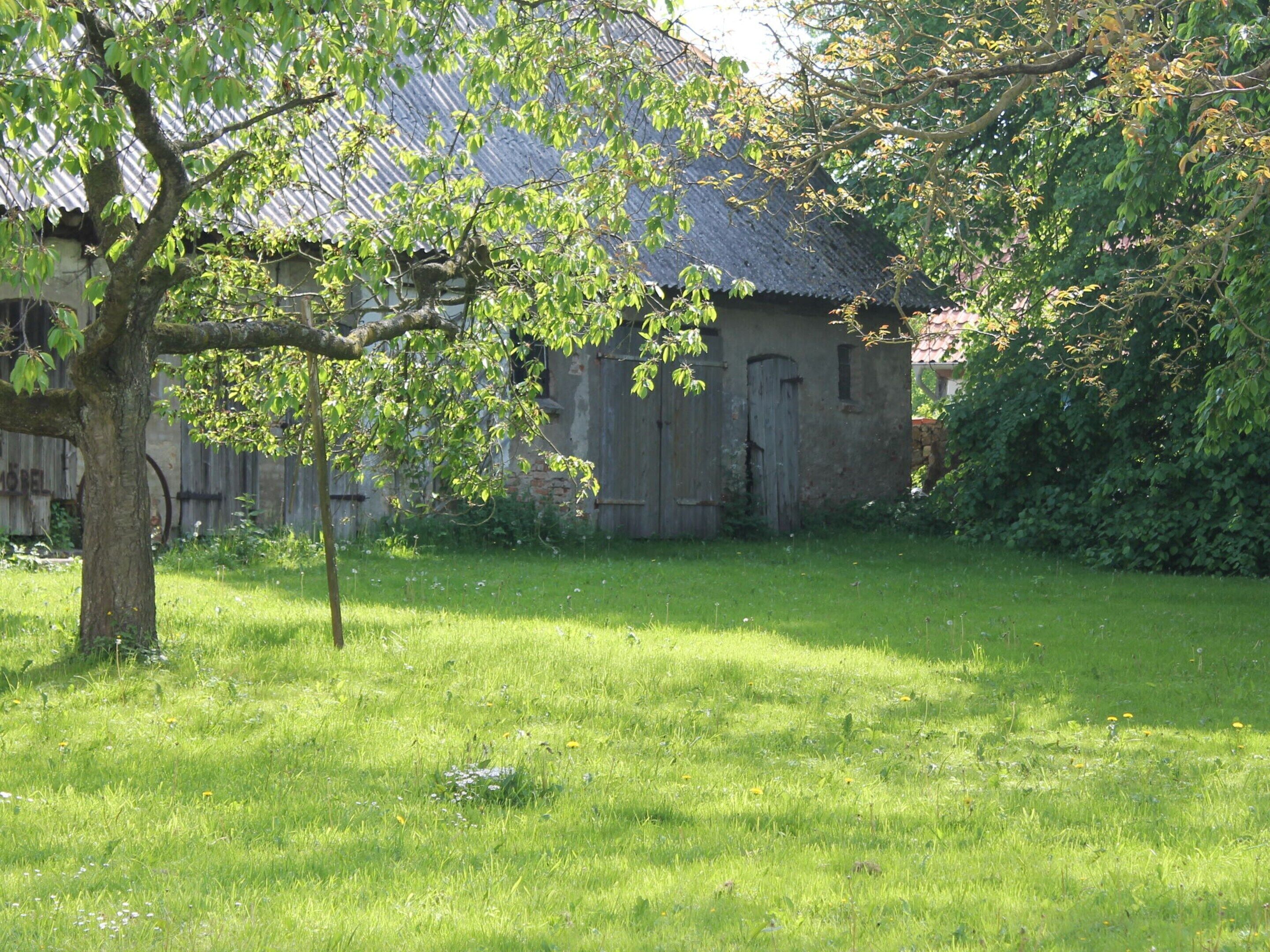 Ein rustikales Gebäude mit geneigtem Dach, umgeben von einer grünen Fläche mit einem Baum im Vordergrund.