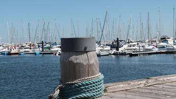 Ein Holzsteg mit einer an einem Pfahl befestigten Leine, ein Yachthafen mit mehreren Segelbooten und ein klarer, blauer Himmel.