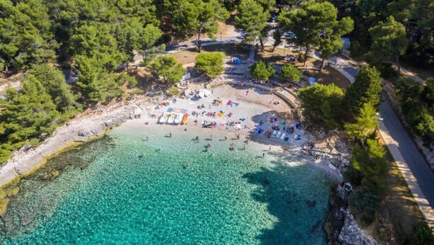 Vista aérea de una playa con agua turquesa cristalina, rodeada de árboles verdes y frondosos.