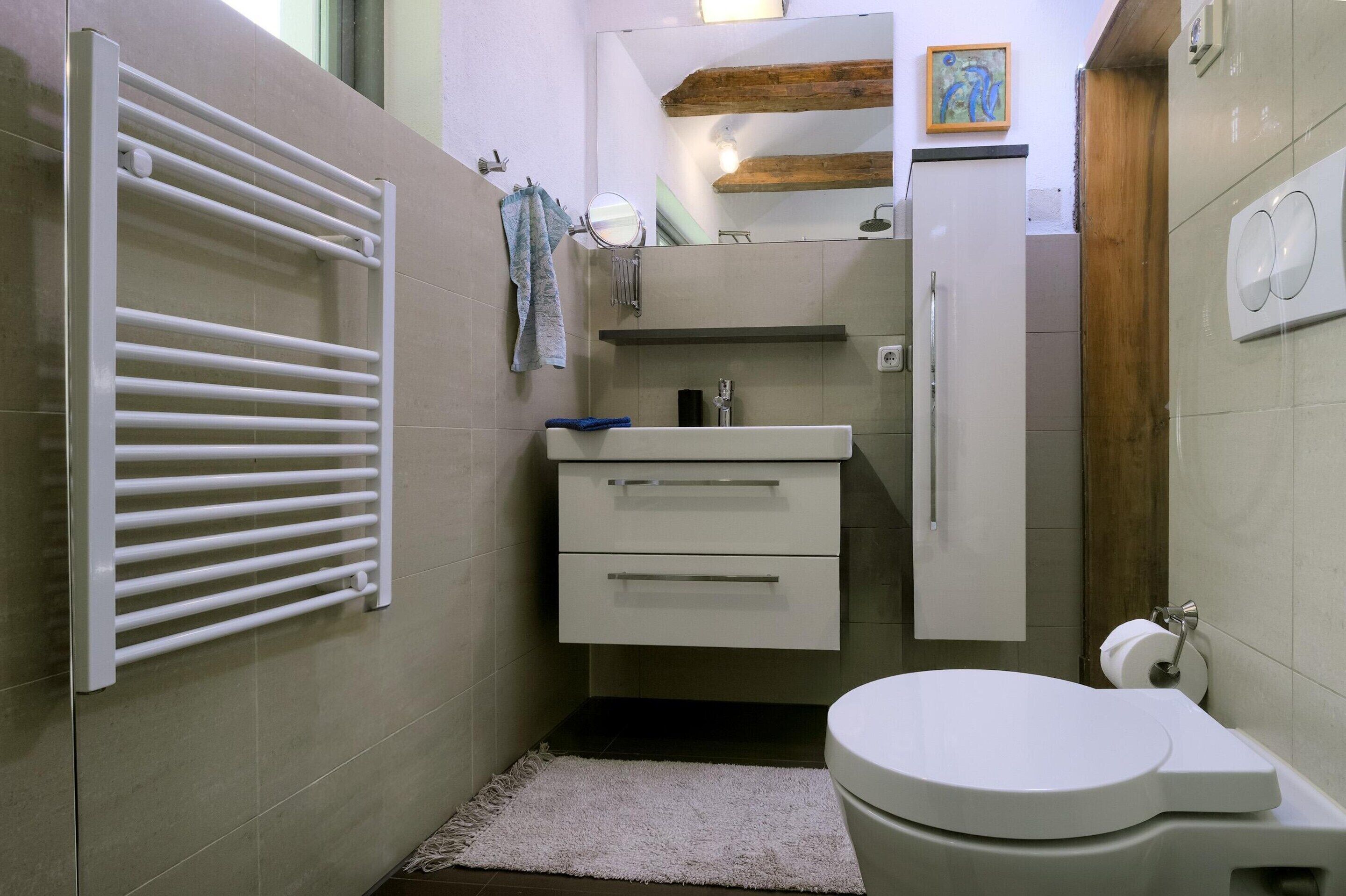 A compact bathroom with a white toilet, a sink with a mirror above, and a towel rack with two towels.