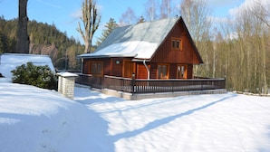 A wooden cabin with a metal roof, surrounded by snow-covered ground and trees. - Relaxing Forest Escape With BBQ (Krasna Lipa)