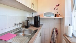 A kitchen with a sink, a coffee maker, a radio, and a potted plant. - Quaint Apartment in Pepelow near Sea (Am Salzhaff)