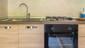 A kitchen with a stainless steel sink, a gas stove, and a built-in oven.