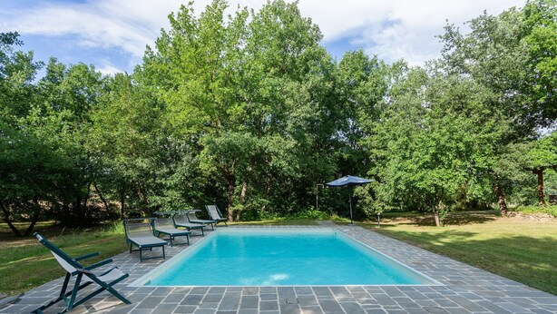 A rectangular swimming pool with a stone border, surrounded by grass and trees. - Villa With Panoramic Views (Marciano della Chiana)
