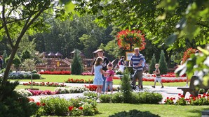 Un jardin avec différentes plantes et fleurs, une aire de jeux et quelques personnes qui se promènent.