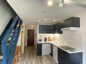 A modern kitchen with dark cabinets, a white countertop, and a built-in dishwasher. - Pied télécabine avec parking couvert, T2 bis 5pers (Cauterets)