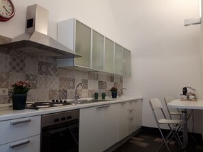 Full-sized fridge, oven, stovetop, cookware/dishes/utensils
