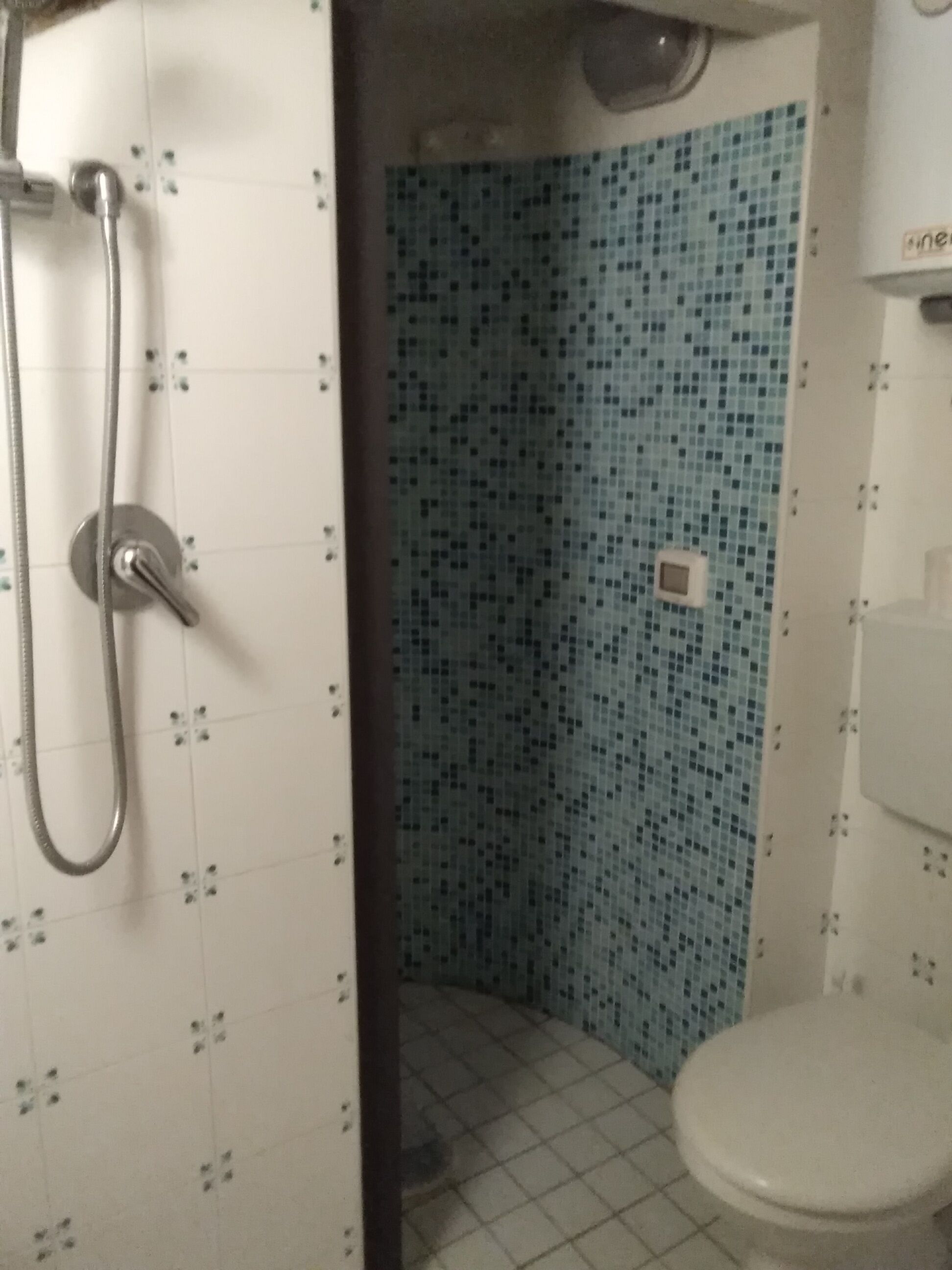 Une salle de bain avec un sol carrelé de carreaux blancs, un mur recouvert d’une mosaïque bleue, des toilettes blanches et une douche équipée d’un pommeau de douche à main.