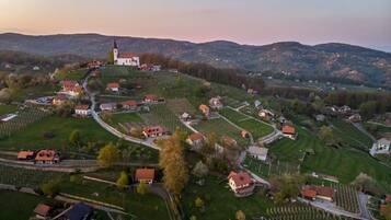 An aerial view of a village with a prominent church, winding roads, and agricultural fields.