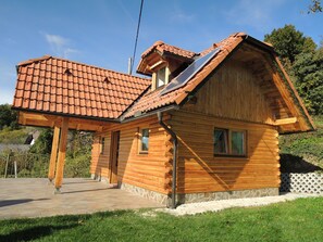 A wooden cabin with a sloped roof and a solar panel.