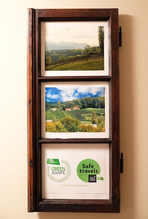 A framed photograph of a vineyard landscape with a small house, and two logos for "I Feel Slovenia" and "Safe Travels".