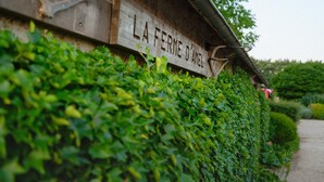 A wooden sign with the text 'LA FERME D'AMEL' partially obscured by foliage. - Group Getaway in Amel (Amel)