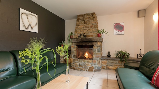 A living room with a stone fireplace, green leather sofas, a wooden coffee table, and decorative plants. - Spacious Retreat by Lake (Waimes)