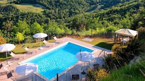 Ein Swimmingpool mit Liegestühlen und Sonnenschirmen, umgeben von üppiger Vegetation und Hügeln.