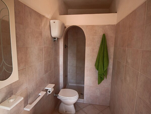 A small bathroom with a toilet, a towel hanging on the wall, and a mirror.