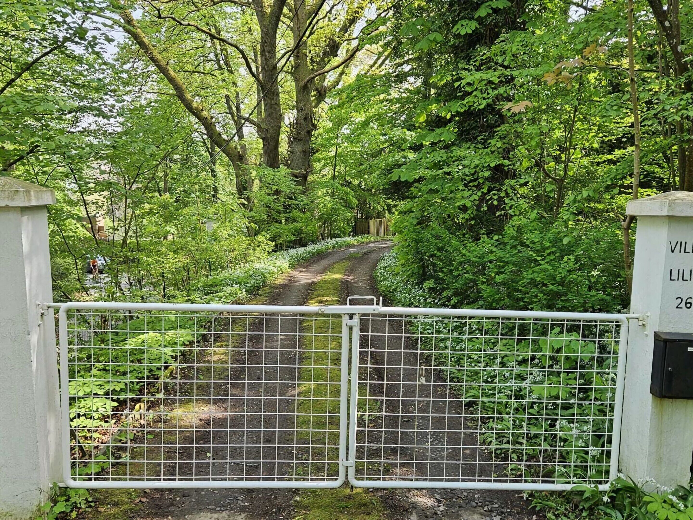 Ein begrenzter Zugang zu einer ländlichen Gegend mit einem Feldweg, der durch dichtes Grün führt.