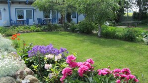 A garden with a variety of flowers and a blue building with a balcony.