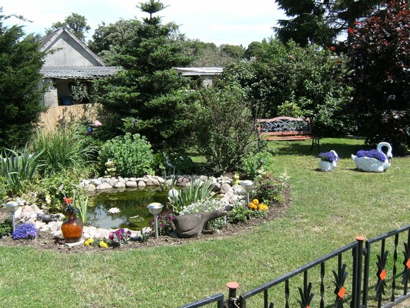 A garden with a pond, swans, and a gazebo. - Bungalow in Zweedorf, Ostsee (Bastorf)