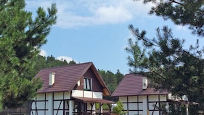 A two-story house with a balcony, surrounded by a grassy yard and pine trees.