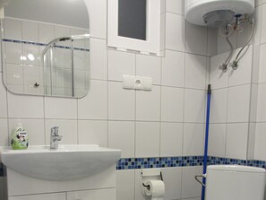 A bathroom with a sink, mirror, toilet, and shower.