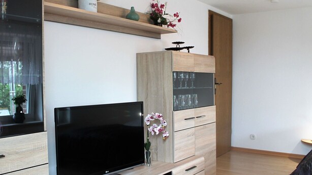 Ein modernes Wohnzimmer mit Flachbildfernseher, Holzschränken und einer Glastrennwand.