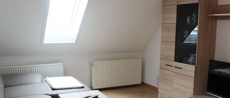 A modern, compact living space with a sloped ceiling, a built-in TV cabinet, and a small seating area with a table.