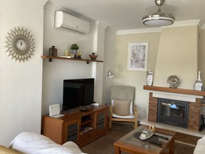 Smart TV, lareira, DVD player, livros