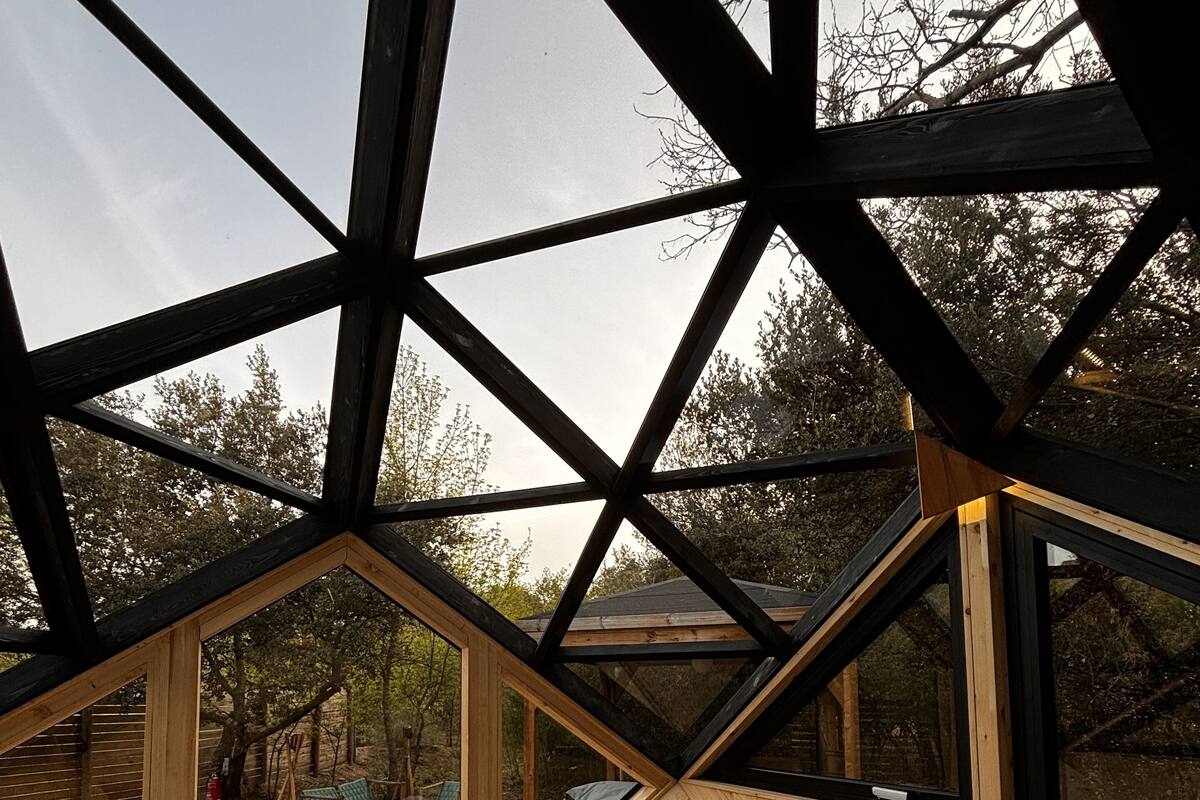 Ein Zimmer mit hohen Decken, einem Bett, Holzbalken und Blick ins Freie.