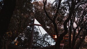 A geometric glass structure in a forested area with a wooden deck nearby. - Le Mas Cabanids (Maureillas-Las-Illas)