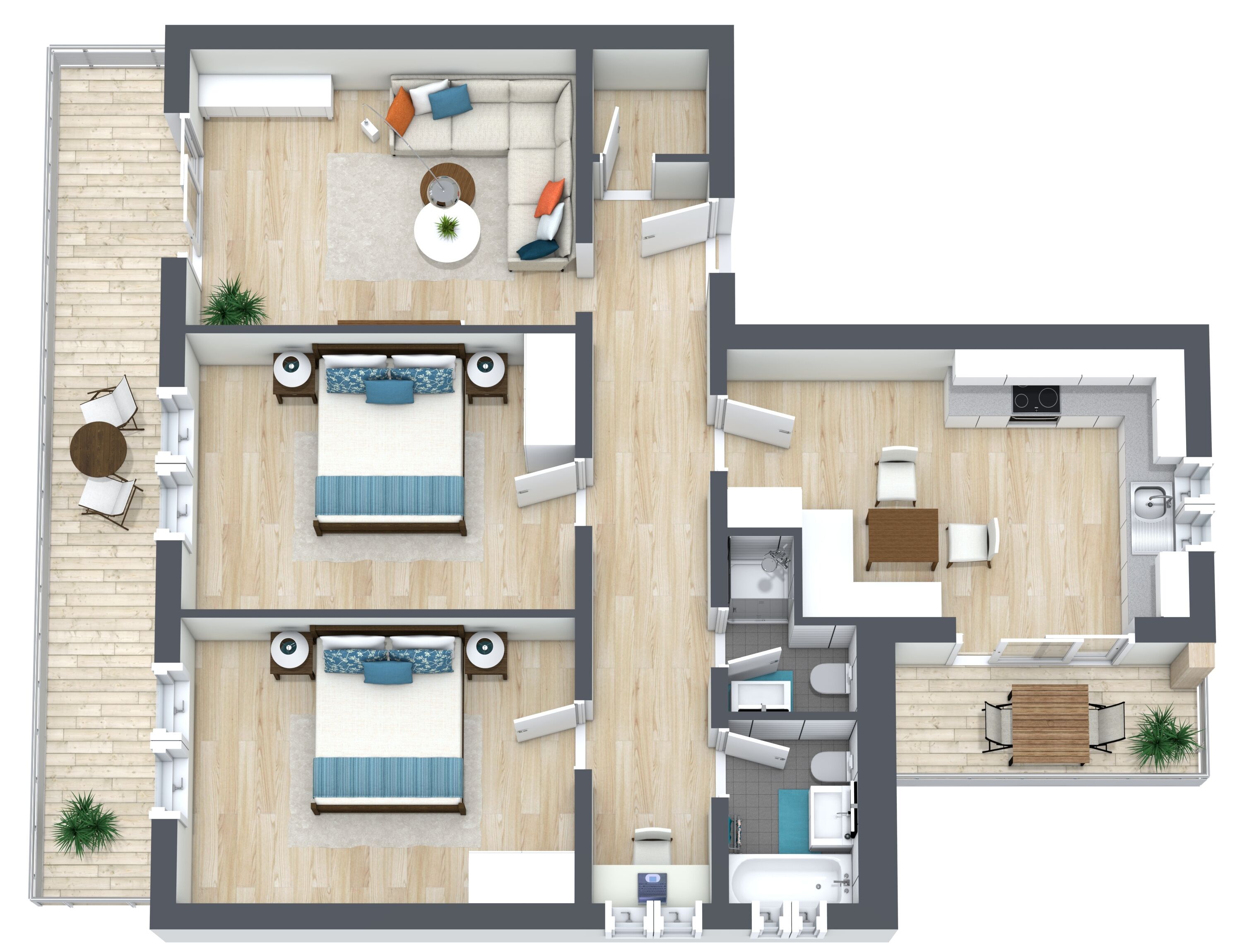 A two-bedroom apartment layout with a living area, kitchen, and bathroom.