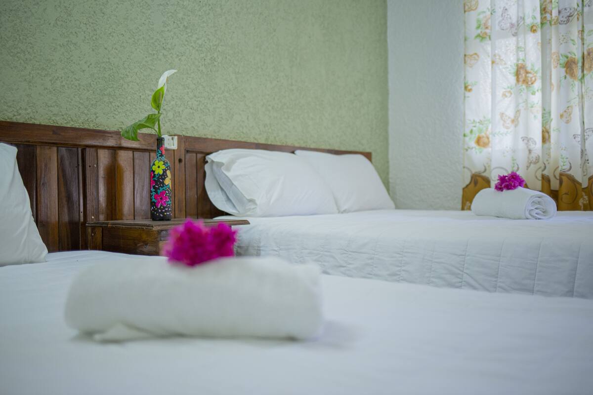 Una habitació d'hotel amb dos llits, ambres de fusta, roba de llit blanca, una tauleta de nit amb un vas i una cortina amb motius florals.