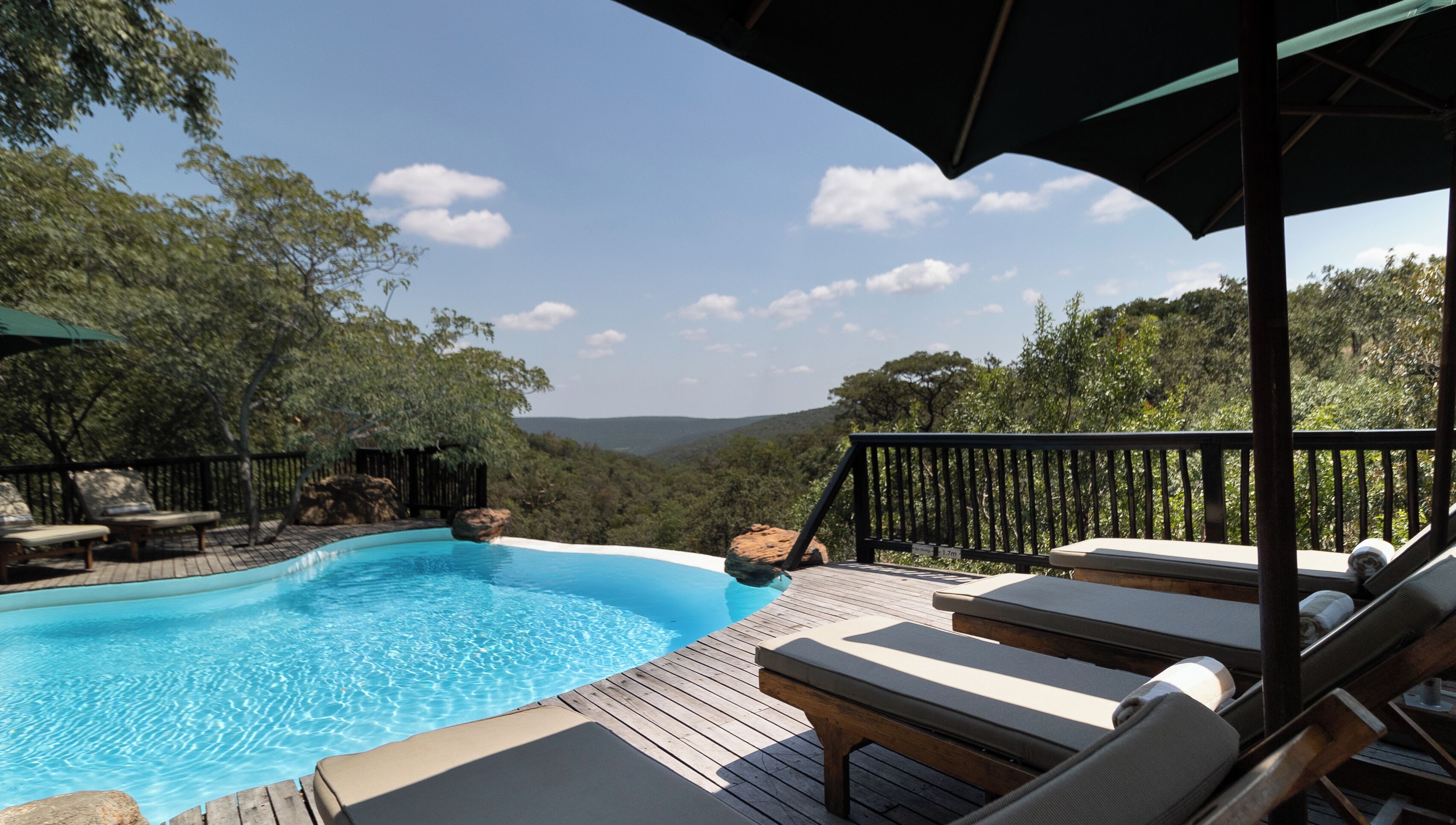 Outdoor pool, pool umbrellas, pool loungers