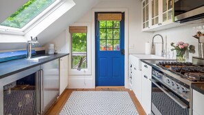 A compact kitchen with a skylight, a blue door, and a modern stove.